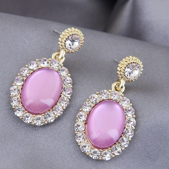Regal Pink & Rhinestone Oval Drop Earrings - Picture 4 of 7